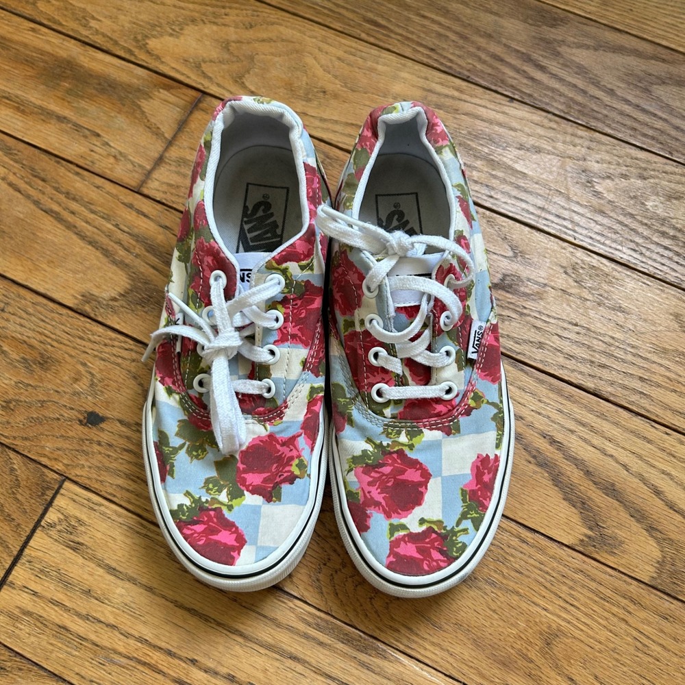 Vans Era Floral Checkered Sneakers Womens 7 Blue Pink Rose Low Top Skate Shoes